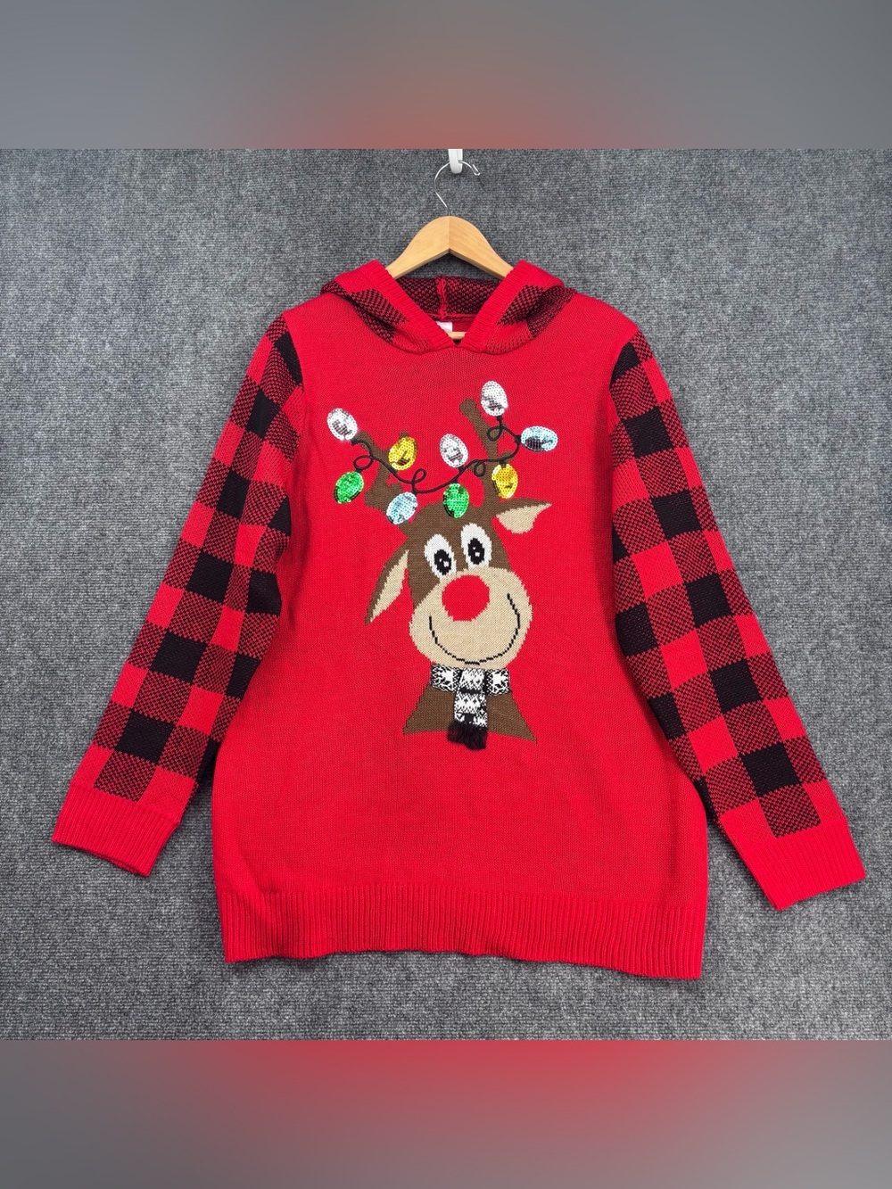 Ugly Sweater Red Buffalo Plaid Rudolph Hooded Knit Sweater Women’s 2XL*